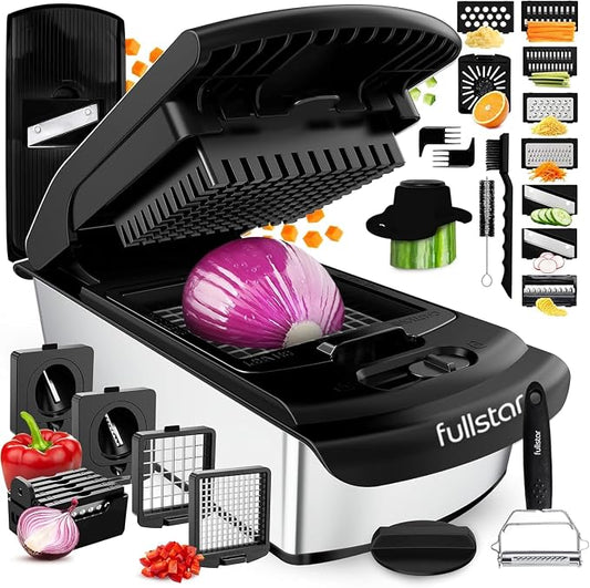Fullstar Pro Original Vegetable Chopper & Mandoline - Chopper & Mandoline Lids - Food Chopper with Container, Fruit Slicer Onion Dicer - All-in-One Prep Tool - Kitchen Gadgets & Gifts (14 in 1, Steel)