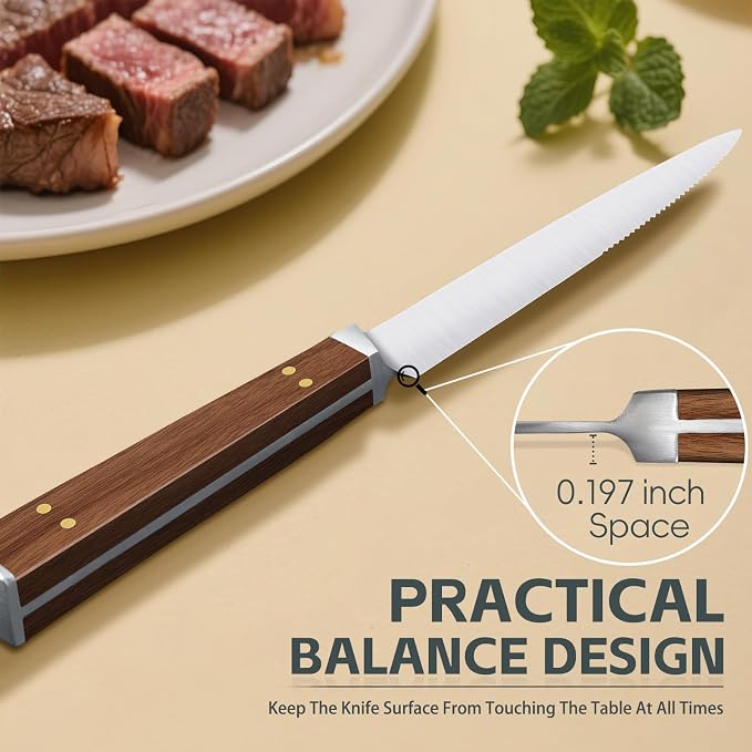 Purple Dragon Steak Knives Set of 6 - Smooth Edge Non-Serrated Blade with Square Wooden Handle – Elegant, Balanced, High Carbon German Steel - Christmas Gift for Men and Women