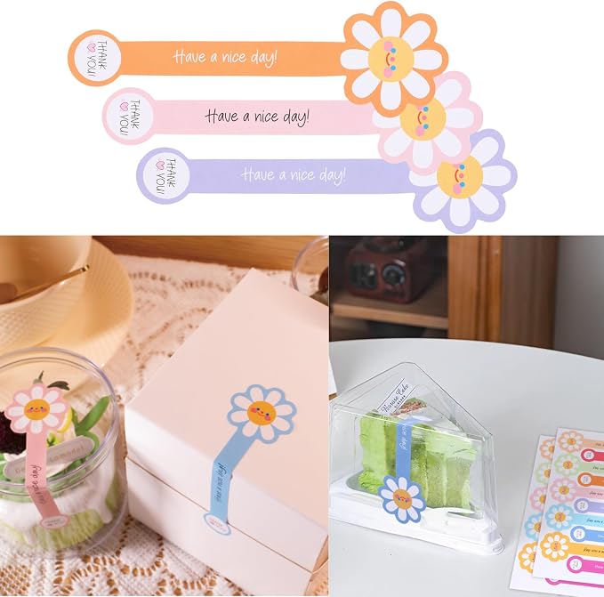 Beyonday 300pcs Handmade Lollipop Baking Stickers for Cake Box/Tins/Jars/Coffee Cups/Bottles, Long Label Flower Sealing Bakery Stickers for Gift Wrapping Self-Adhesive Tamper Evident Seal Labels