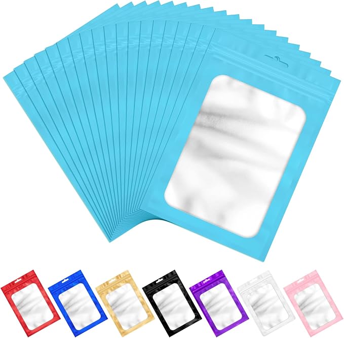 ANZNKU 100 Pack Lake Blue Resealable Mylar Bags with Frosted Clear Window 5.12x8.27", Smell Proof Sealable Packaging Bags Foil Pouch Bag for Food Jewelry Candy Treat Party Favor Storage Supplies