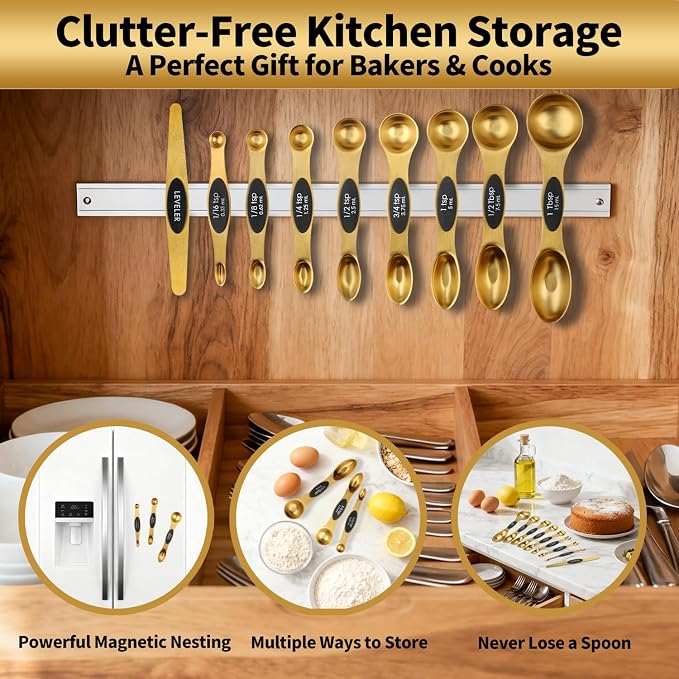 Gold Magnetic Measuring Spoons Set Stainless Steel with Leveler, Dual-Sided Stackable Metal Measuring Spoons for Baking & Cooking, Fits in Spice Jars, Heavy Duty Kitchen Gadgets, 8 Spoons & 1 Leveler