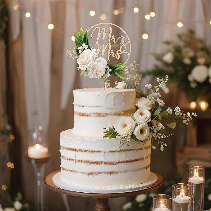 Mr & Mrs Wedding Cake Topper in Wood with Handcrafted 3D Artificial White Flowers and Green Leaves Design Cake Decoration for Wedding 3D White Roses