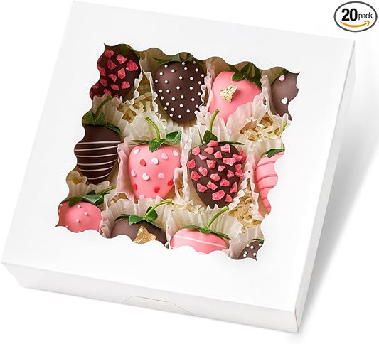 Kucoele Pie Boxes, 8 x 8 x 2.5 Inches, 20 PCS, White | Auto-Popup, with Window, Bakery Boxes, Cookie Boxes, Treat Boxes, For Chocolate Strawberries, Pastries, Muffins, Donuts