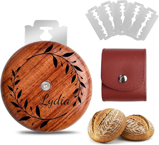Custom Engraved UFO Bread Lame - Personalized Sourdough Scoring Tool for Artisan Bread Baking, Bread Scorer Tool Set with 5 Professional Stainless Steel Blades, Baker Gift Idea (Design D-Brown Pouch)