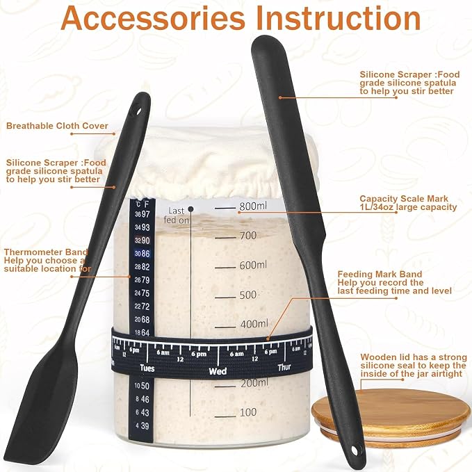 Sourdough Starter Jar Glass, 34 Oz DIY Wide-mouth Pro Sourdough Starter Jar Kit with Silicone Spatula,Cholkboard Sign, hermometer,Feeding Band,cloth cover, Reusable Sourdough Bread Baking Supplies.