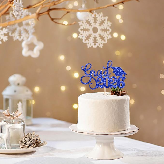 1 Pack Grad 2026 Cake Topper with Glitter Congrats Grad Cap Class of 2026 Cake Pick Decorations for 2026 Graduation Theme School Boys Girls Graduate Party Supplies Blue