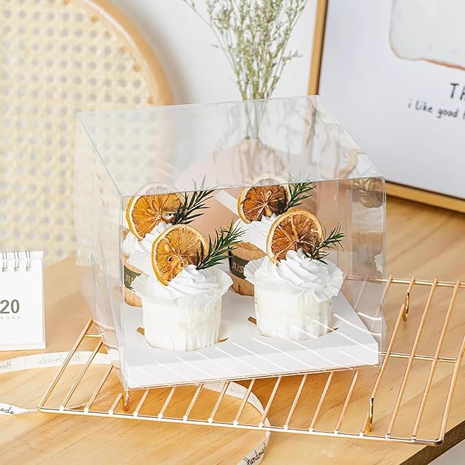Cedilis 20 Pack Clear Cupcake Boxes with Gift Ribbon, 4 Count Plastic Cupcake Containers, Cupcake Carrier Holder for Treat Dessert Cookies Muffins Pastry Baby Shower Party