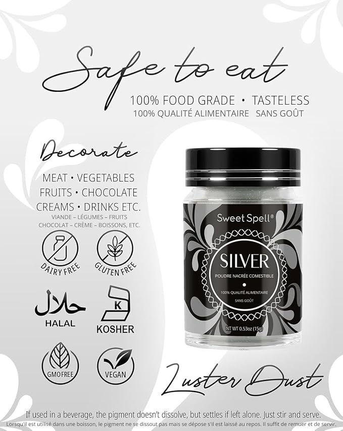 Sweet Spell Luster Dust Edible Glitter (15g) - Shimmer Pearl Dust Powder for Decorating Cakes, Chocolate, Drinks, Cocktails - 100% Edible, Food Grade, Vegan, Gluten-Free (Silver)