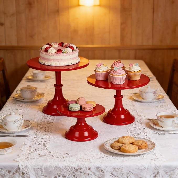 3 Pcs Metal Cake Stand Set 8/10/12 inch Dessert Table Display Perfect for Baby Shower Wedding Birthday (Red)