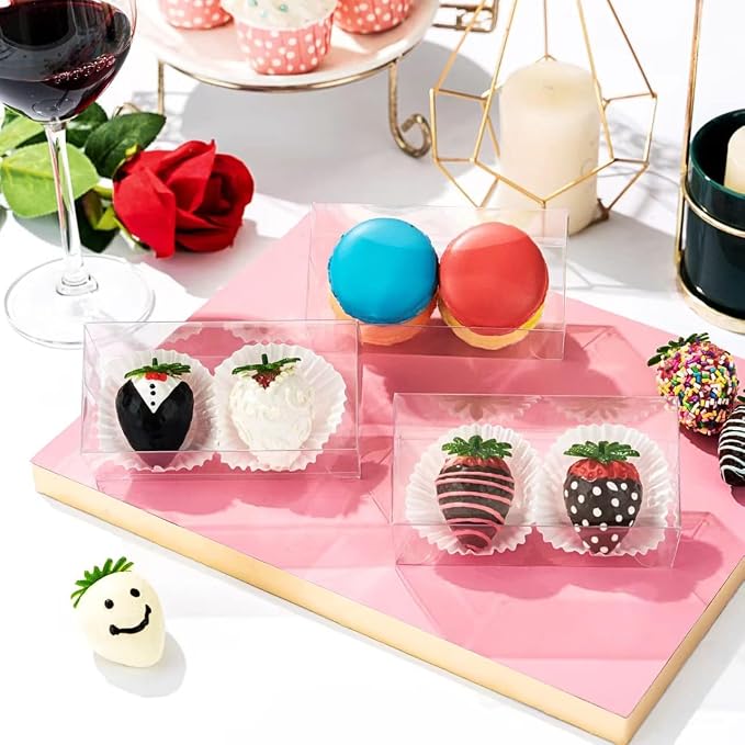 100 Pcs 4.5"x2.2"x2" Clear Chocolate Covered Strawberries Boxes for 2 Macaron Boxes for 4 Mini Cinnamon Roll Box for 4 Small Bakery Treat Boxes for Wedding Christmas Birthday Valentine's