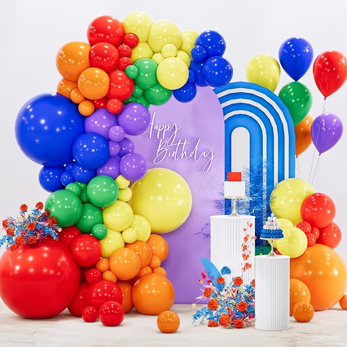 PartyWoo Rainbow Balloon Arch Kit Garland 140pcs Different Sizes of 18 12 10 5 Inch Colorful Blue Red Green Purple Yellow Orange Balloons for Baby Shower Graduation Birthday Party Decorations
