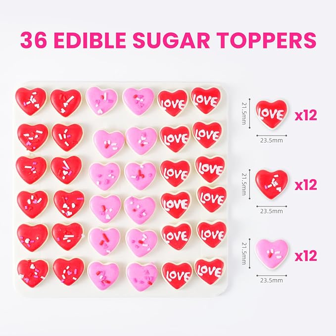 Edible Heart Cake Decorations, Valentines Cupcake Toppers, Royal Icing Decorations, Red Pink Heart Shaped Sprinkes Edible for Cookies Chocolates Baking Valentines Toppers, 36 pcs