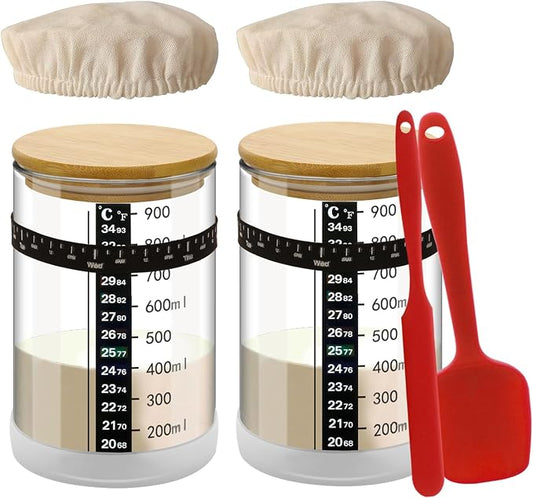 2Pcs Sourdough Starter Kit, 34 OZ Sourdough Starter Jar with Date Marked Feeding Band, Thermometer, Cloth Cover & Metal Lid, Reusable Sourdough Bread Baking Supplies, Home Baking Supplies (2)