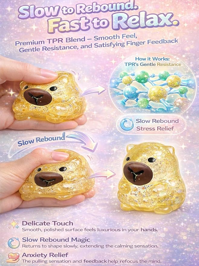 Capybara Squishy Glitter Animal Squeeze Balls Cute Capybara Stress Ball Anxiety Relief Slow Rise Adult Sensory Fidget Tool Gift Sparkling Desk Decor Collectibles Decompression Dough(Orange)