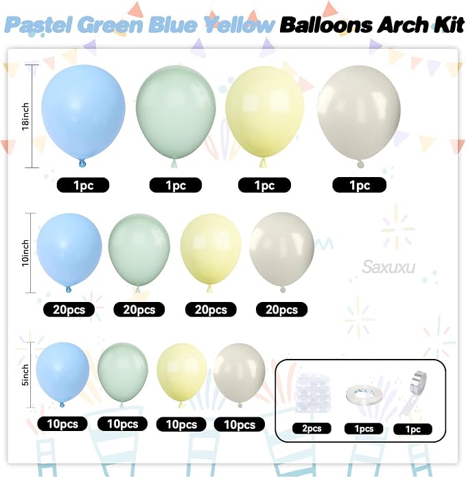 Pastel Green Blue Yellow Balloon Arch Kit, Green Blue Yellow Balloons garland Arch Kit, Ivory White Balloons For Bear Theme Birthday Baby Shower Honey Party Wedding Anniversary Engagement Decorations