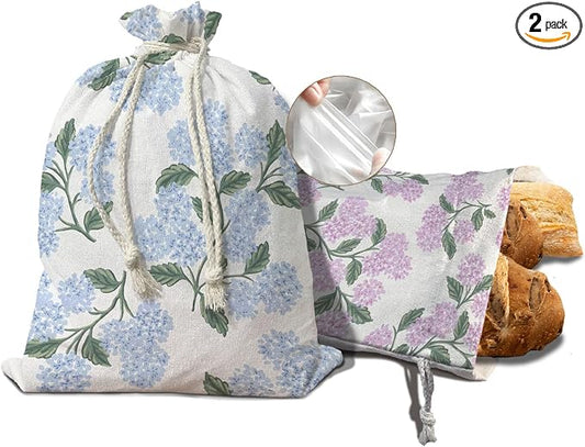 UTELKA Flroal Bread Bag for Sourdough Bread 2Pcs, Hydrangea Reusable Beeswax Homemade Bread Bags for Baker Mom Women Kitchen Housewarming Gifts, Cloth String Storage Bread Box 16.5x12