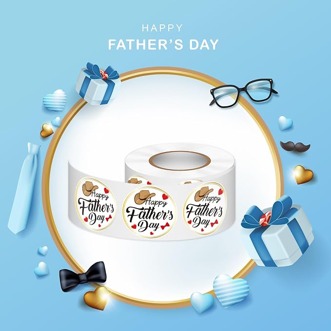 Louise Maelys Happy Fathers Day Stickers 1.5 Inch - Father Day Gift Labels DIY Father’s Day Decorations Hat and Heart Design, Waterproof, Residue-Freefor Cards, Crafts & Gifts