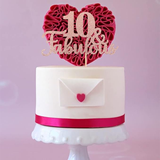 1 PCS 10 & Fabulous Cake Topper Glitter Ten and Fabulous Cake Toppers Happy 10th Birthday Cake Pick for 10th Wedding Anniversary Birthday Party Cake Decorations Supplies Rose Gold