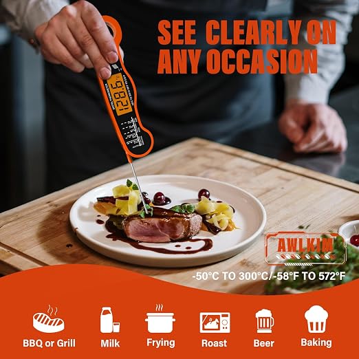 AWLKIM Digital Meat Thermometer, Instant Read Thermometer, Orange | Food thermometer for grill, BBQ, candy, oil and baking; backlit display, foldable probe and magnetic storage.