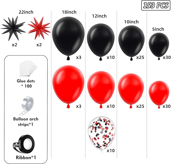 153Pcs Red and Black Balloons Garland Arch Kit with Stars -22 18 12 10 5 inch Different Size Black and Red Confetti Latex Balloons for Birthday Graduation Anniversary Prom Party Decorations