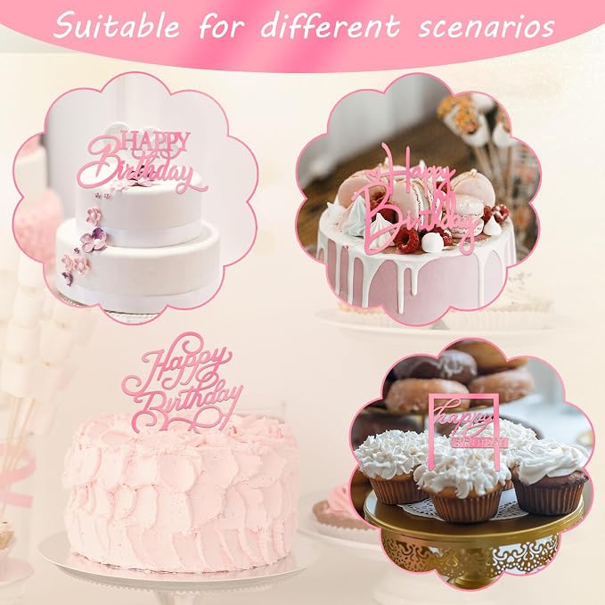 Wootkey 10 PCS Pink Happy Birthday Cake Topper Mirror Acrylic Cupcake Toppers Double-Sided Happy Birthday Sign for Cake Side Cupcake DIY Birthday Gift Flower Bouquet Decor