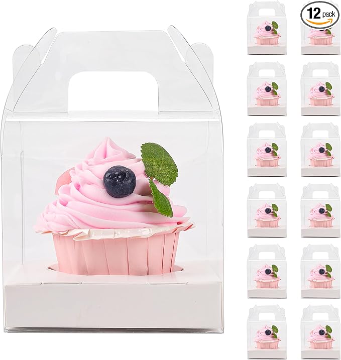 12 PCS Individual Cupcake Containers Single Cupcake Boxes with Handle and Inserts Clear Plastic Favor Boxes
