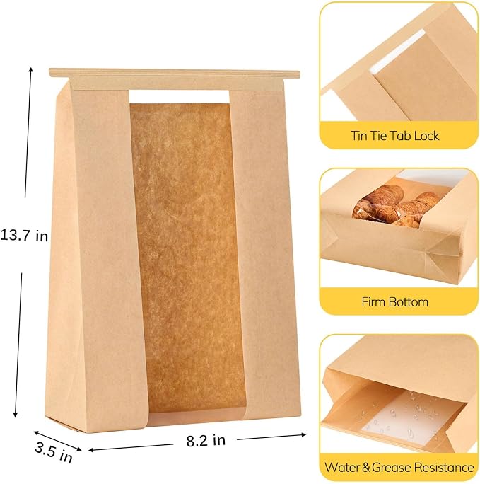 Ocmoiy 50Pcs Tin Tie Tab Lock Large Paper Bread Bags for Homemade Sourdough Bread Bags 13.7x8.2x3.5 Inch Resealable Bakery Bags with Window Thank You Stickers