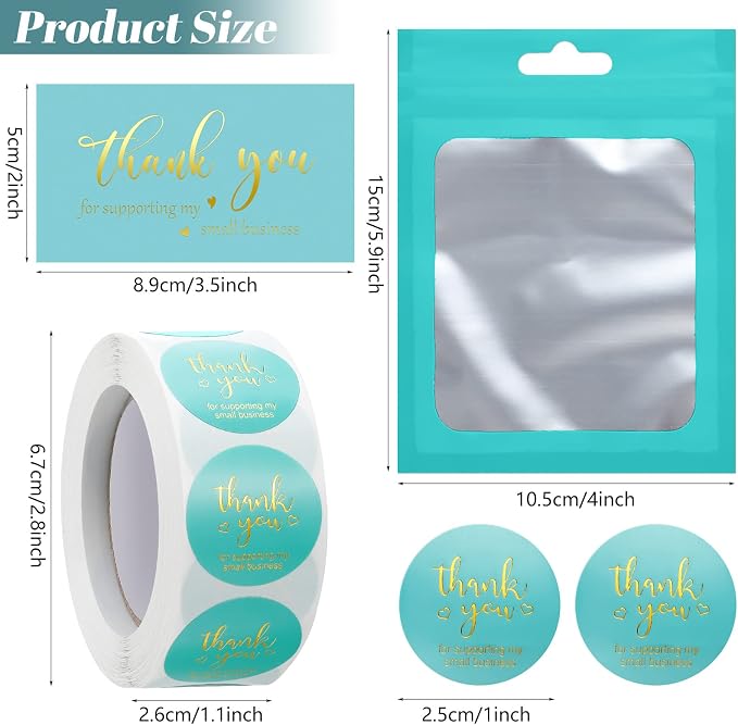 Outus 620 Pieces Thank You for Supporting My Small Business Cards and Stickers Set, Thank You Gold Foil Stickers with Resealable Packaging Bag for Business Owners Packaging Supplies (Blue)