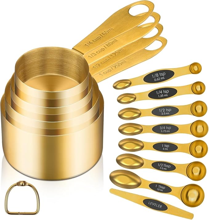 Gold Magnetic Measuring Spoons & Cups Set – 8 Dual-Sided Magnetic Spoons with Leveler + 4 Stainless Steel Measuring Cups – Perfect for Liquid & Dry Ingredients