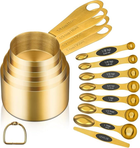 Gold Magnetic Measuring Spoons & Cups Set – 8 Dual-Sided Magnetic Spoons with Leveler + 4 Stainless Steel Measuring Cups – Perfect for Liquid & Dry Ingredients