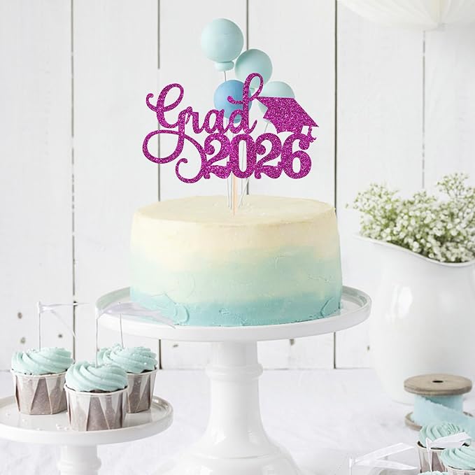 1 Pack Grad 2026 Cake Topper with Glitter Congrats Grad Cap Class of 2026 Cake Pick Decorations for 2026 Graduation Theme School Boys Girls Graduate Party Supplies Purple