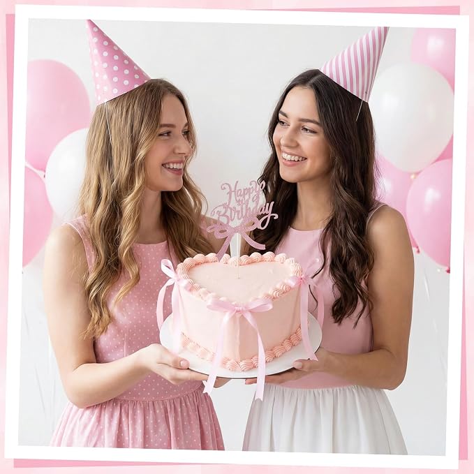 Bow Cake Toppers 18 PCS Pink Ribbon Bows for Cake with 1 PCS Happy Birthday Cakes Topper Coquette Themed Bow Birthday Decorations for Wedding, Bridal Shower, Baby Shower, Bachelorette