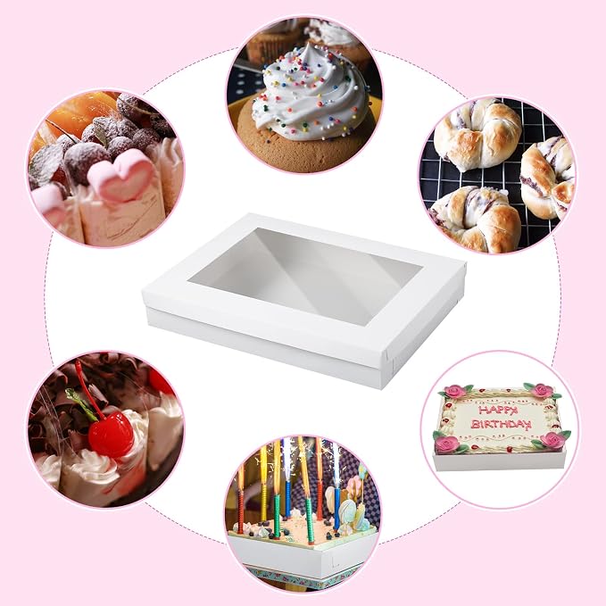 5 Set Full Sheet Cake Box 26 x 18 x 4 Inch with Cake Boards and Pink Satin Ribbon Large Rectangle Bakery Boxes with Window White Bakery Boxes for Packaging Cupcakes Muffins Pie