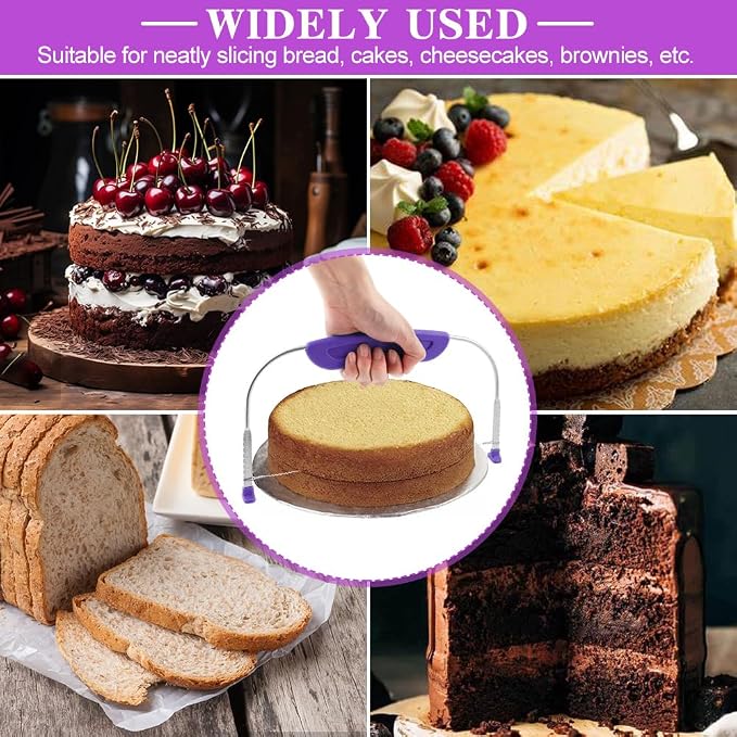 Adjustable Cake Leveler Cutter With 3PCS Cake Scrapers Set,Baking Supplies Tool for Kitchen,Large Size Cake-Cutter Slicer for Leveling,Single Stainless Steel Wire & Plastic Handle(COLOR:Purple)