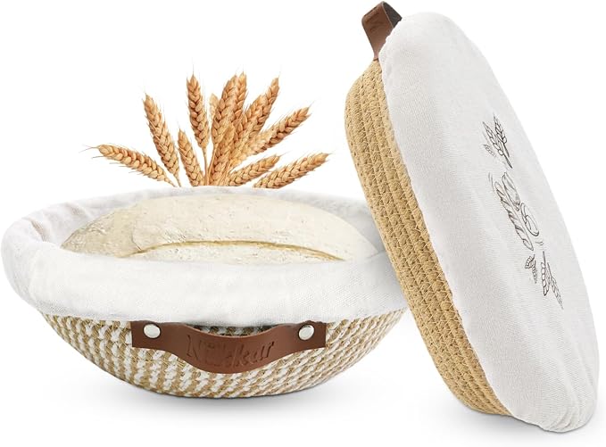 Nikkar Banneton Bread Proofing Basket Set of 2, 10 Inch Round 11Inch Oval | Cotton Rope Sourdough Bread Baking Supplies Proofing Bowls with Liners & Covers Gifts for Bakers Women Wife Mom