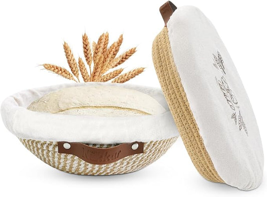 Nikkar Banneton Bread Proofing Basket Set of 2, 10 Inch Round 11Inch Oval | Cotton Rope Sourdough Bread Baking Supplies Proofing Bowls with Liners & Covers Gifts for Bakers Women Wife Mom