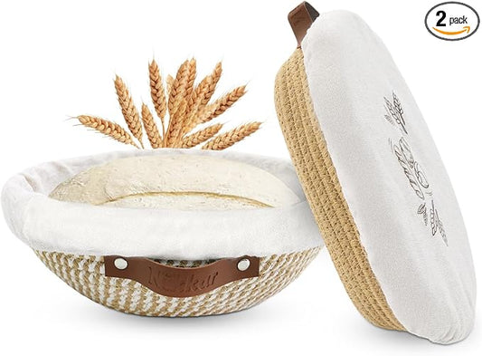 Nikkar Banneton Bread Proofing Basket Set of 2, 9 10 11 inches | Round & Oval Cotton Rope Sourdough Bread Baking Supplies Proofing Bowls with Liners & Covers Gifts for Bakers Women Wife Mom
