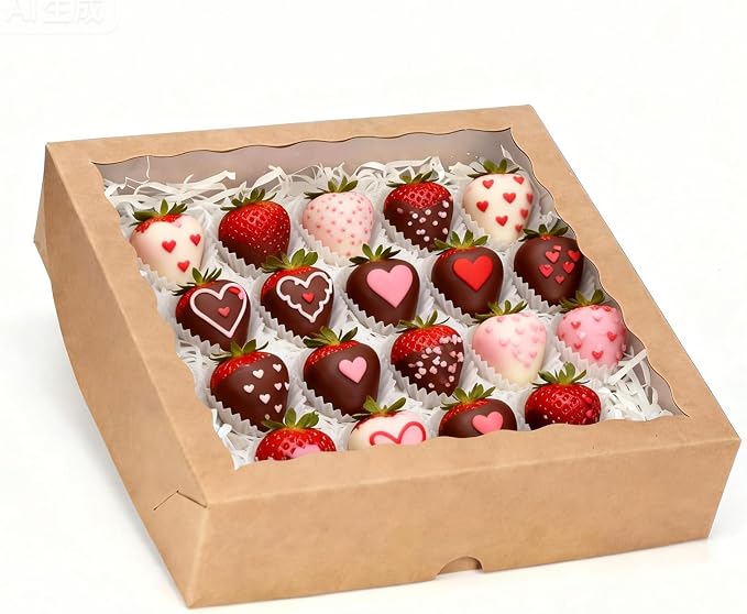 TEMLQPACK 6pcs 10x10x2.5 Inches Brown Bakery Boxes with Window, Pie, Cookies, Chocolate Covered Strawberries, Breakable Heart, Charcuterie Boxes for Christmas
