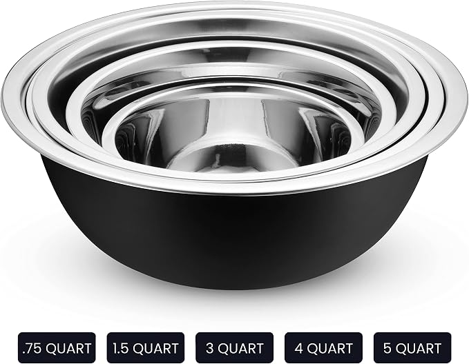 WHYSKO Stainless Steel Mixing Bowl Set, 10 Piece Stainless Steel Mixing Bowls with Lids Set for Food Prep Storage and Serving, Dishwasher Safe for Kitchen Baking Cooking, Black