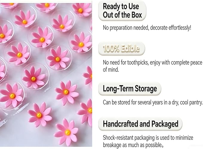 108 Count Edible Flower Cake Decorations, Small Edible Flowers, Sugar Flowers, Cakes & Cupcakes Toppers, Edible Dessert Decorations (0.8 Inch) (8 Petals Pink)