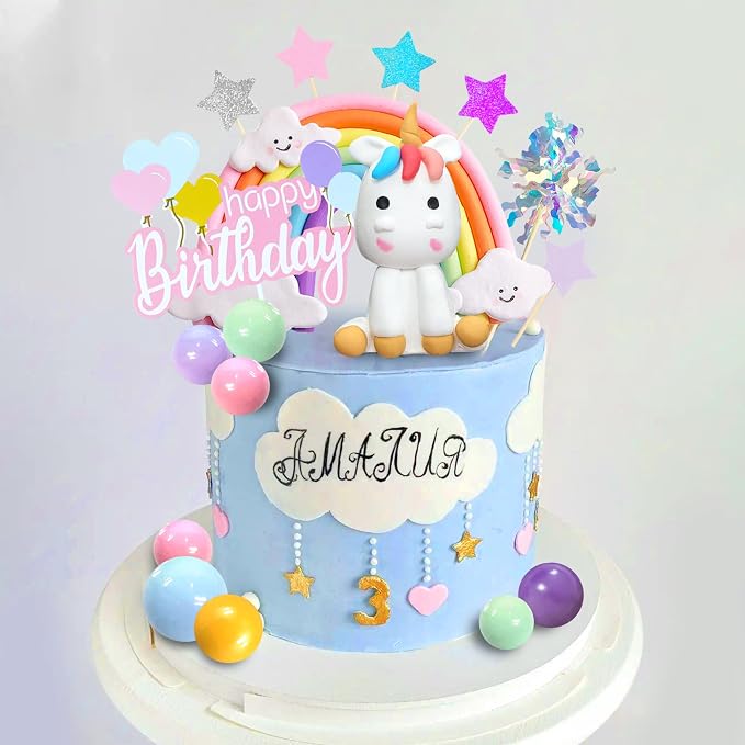 18 PCS Unicorn Cake Topper, Unicorn Rainbow Cake Decorations with Rainbow Stars Unicorn Foil Firework Balls Happy Birthday Cake Decorations (Style 1)