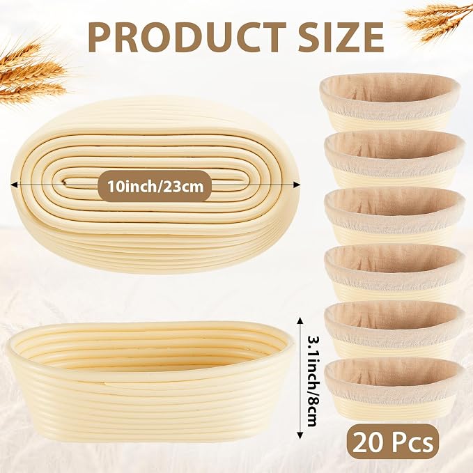 20 Pack Banneton Bread Proofing Basket 10 Inch Oval Rattan Banneton Baskets with Linen Liner Cloth Sourdough Basket Dough Proofing Basket for Professional & Home Sourdough Bread Baking