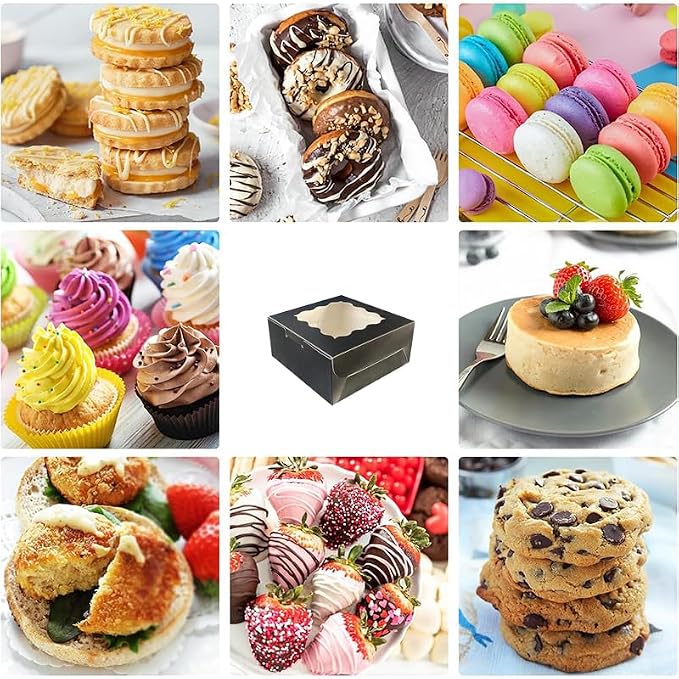 Generic 50Pcs (6x6x3 in) Mini Cake Boxes+3 stickers with Display Window for Gift Giving, Bakesale, Cupcakes, Dessert, Cookies, Pie, Macaroons, Donuts, Pastry, Kraft Paper Material… (50Pcs Black)