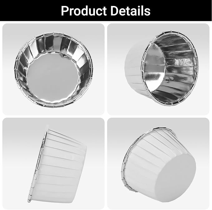 EUSOAR Silver Cupcake Liners, 50pcs 3.5oz Cupcake Holders Disposable Dessert Containers, Mini Cheesecakes Baking Cups Aluminum Foil Wrappers Muffin Ramekins for Birthday Wedding Bridal Party