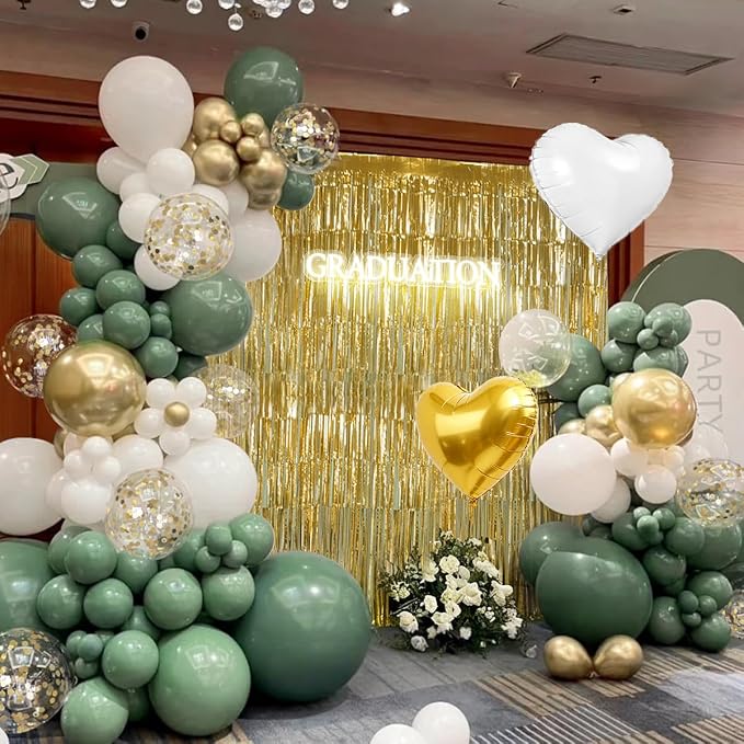 157PCS Sage Green White Gold Balloons Garland Arch Kit with Gold Fringe Curtain for Birthday Baby Shower Gender Reveal Bridal Shower Weddings Graduation Party Decorations