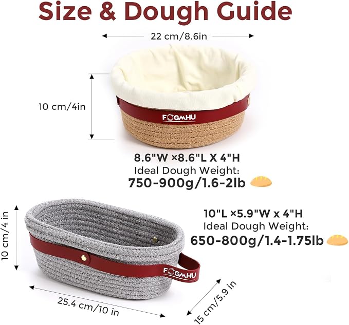 2-Pack Banneton Bread Proofing Baskets – Sourdough Starter Kit for Home Bakers, Cotton Rope Bannetons with Liners, Hanging Hooks, Dough Guide (9" Round & 10" Oval)