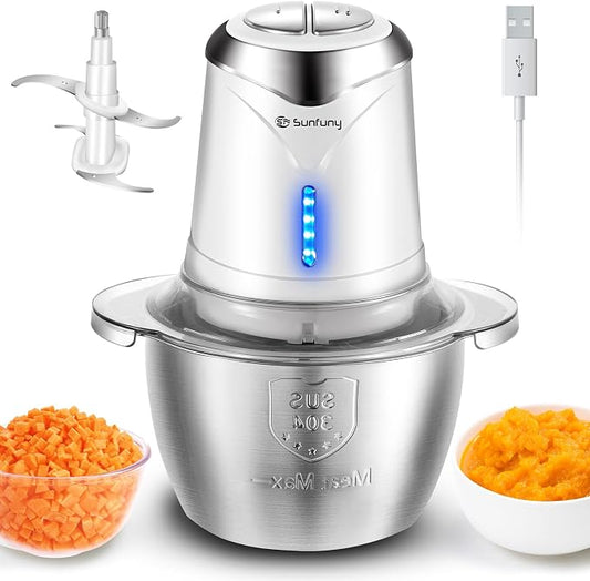 Food Processor Cordless Vegetable Chopper with 5 Cup Stainless Steel Bowl＆6000mAh USB Rechargeable Battery, Electric Garlic Meat Choppers BPA-free Baby Food Processors Blender Mincer, 2 Speeds (White)