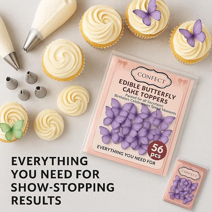 Confect Edible Wafer Paper Butterflies Set of 56 – Colorful Purple Butterfly Cake Decorations, Cupcake Toppers for Birthday, Wedding, Party – Edible Butterfly Toppers