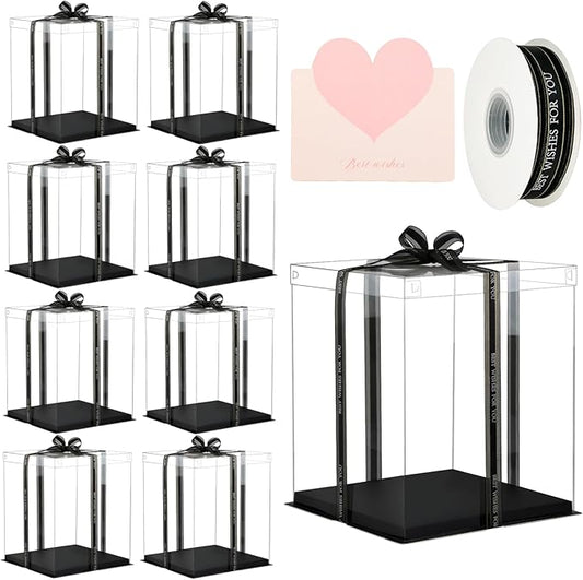 10x10x12 Inch Clear Cake Box 8Pcs - Tall Transport Container, Carrier, Treat Box, Gift Box, Display Case - Black