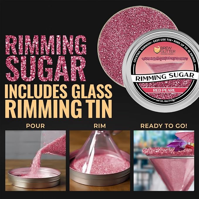 Brew Glitter - Red Rimming Sugar (4oz, 1x Bar Tin) Cocktail Garnish for Mixed Drinks & Refreshments